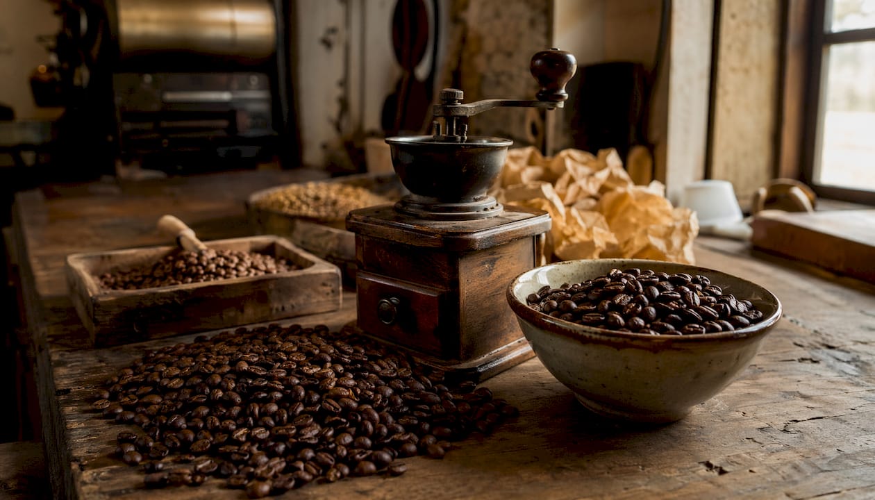 Close-up dark roasted coffee beans showing cracks