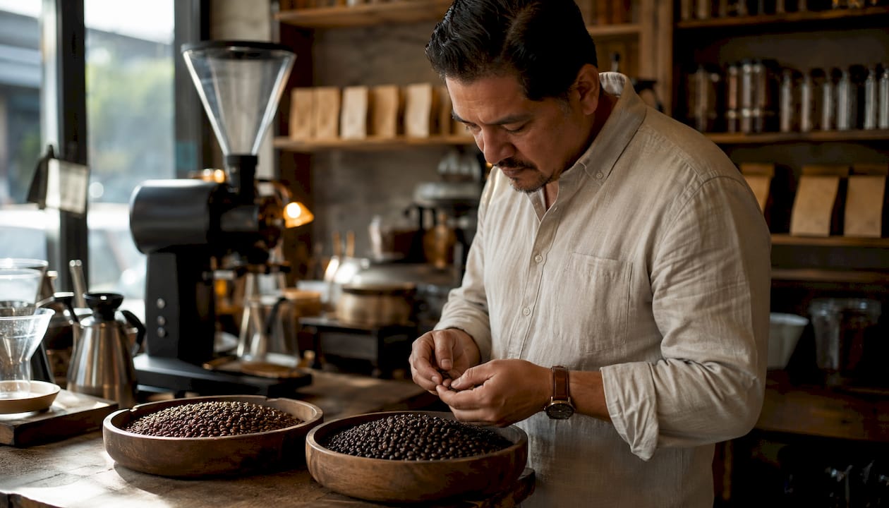 Hands comparing roasted coffee beans