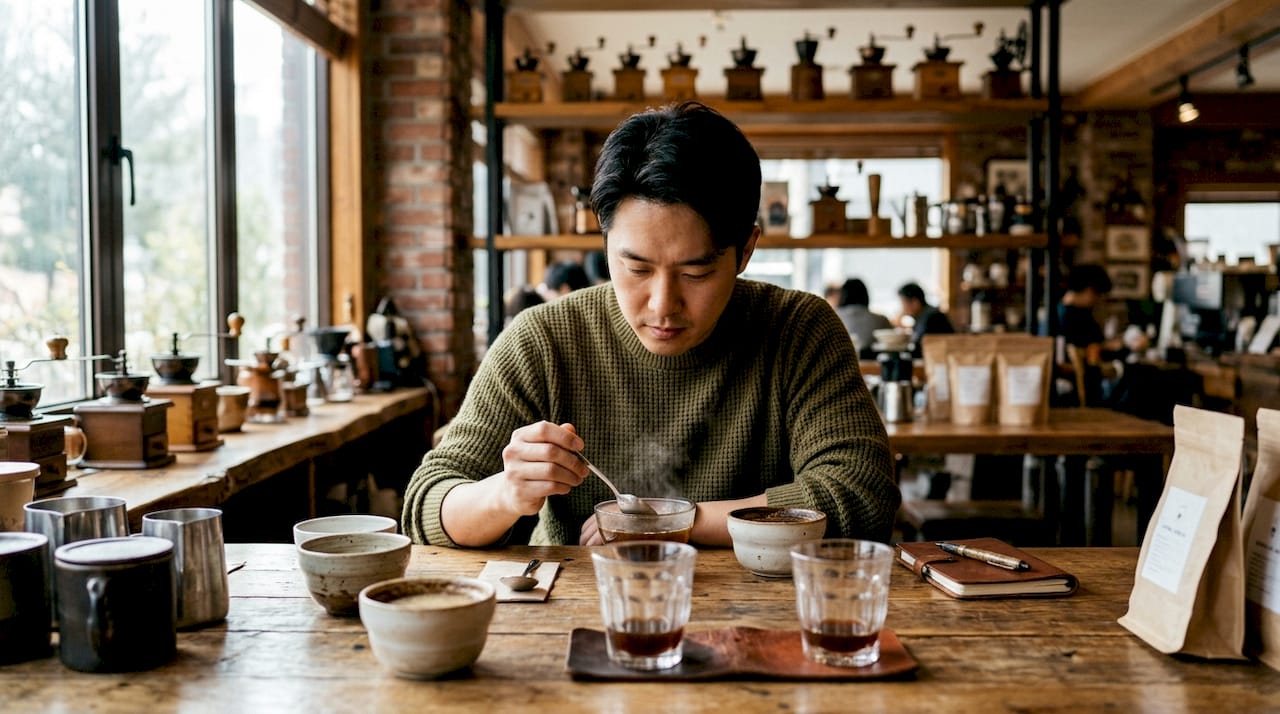 Man tasting coffee during cupping session