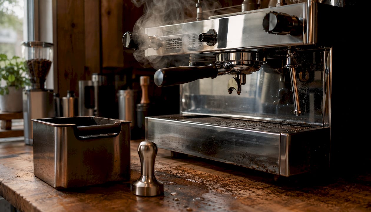 Top-down of espresso machine portafilter ready for extraction