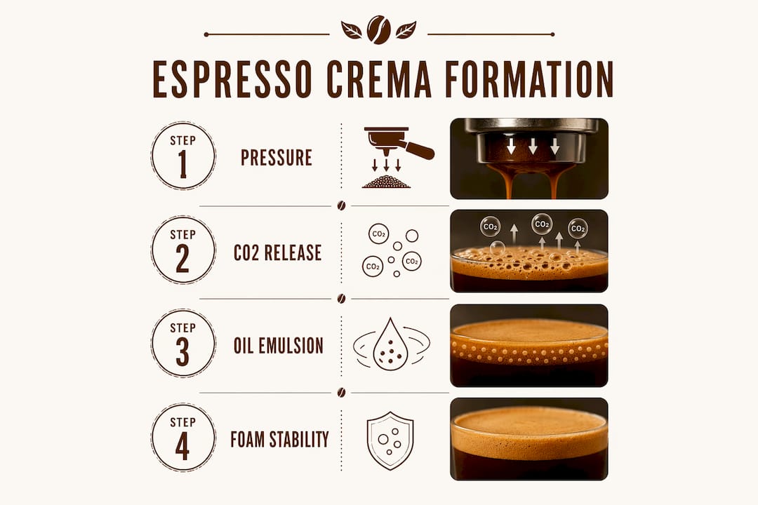 Infographic illustrating stages of espresso crema formation