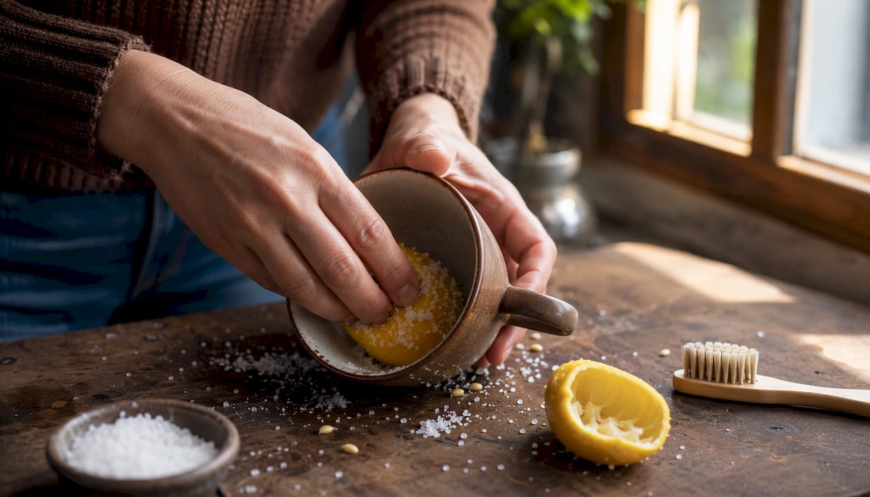 Hands scrubbing mug with lemon and salt