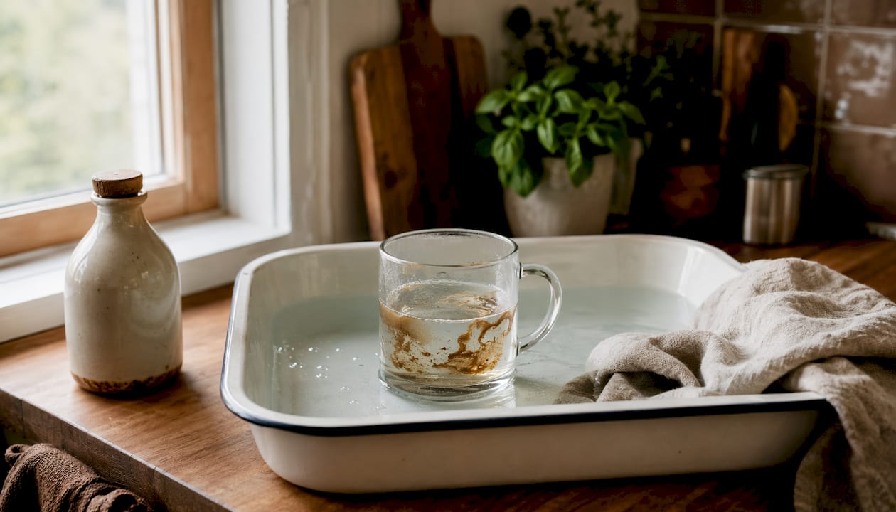 Glass mug soaking in white vinegar solution