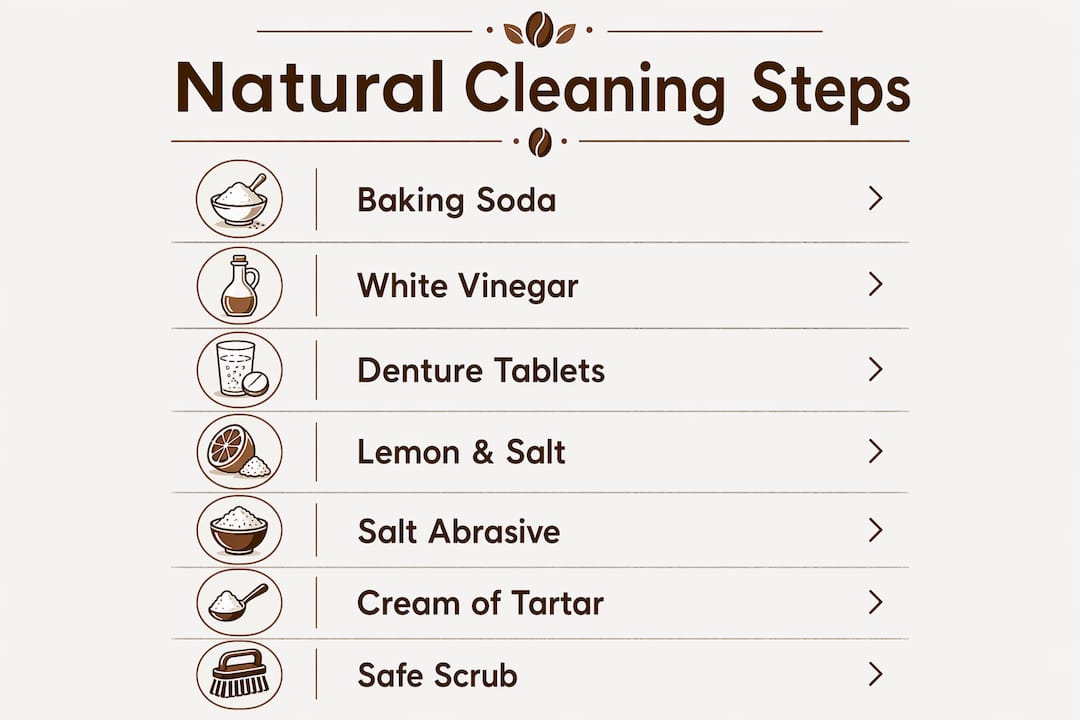 Infographic showing natural coffee mug stain removal steps