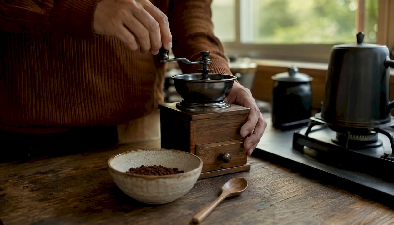 Hands adjusting coffee grinder and stove heat