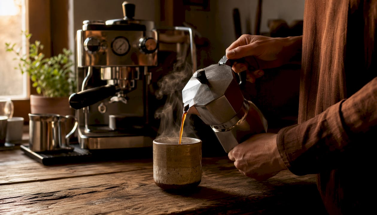 Moka pot and espresso machine side by side