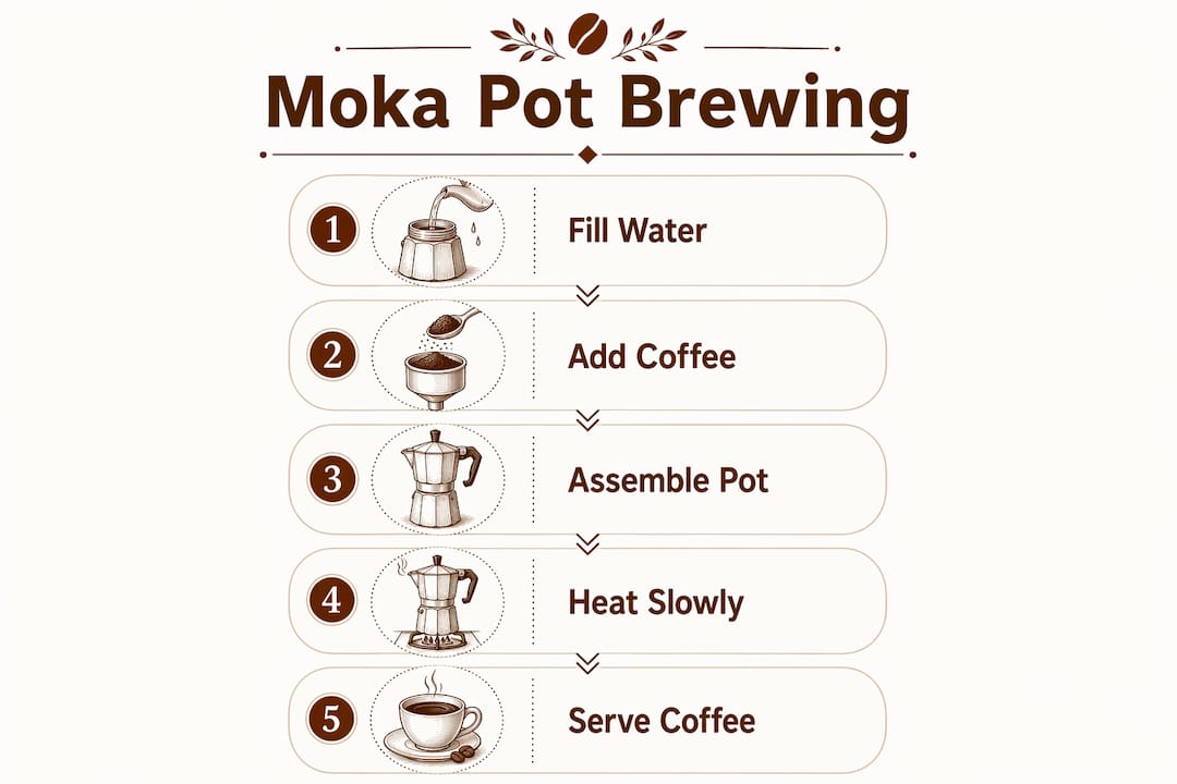 Infographic outlining moka pot brewing steps