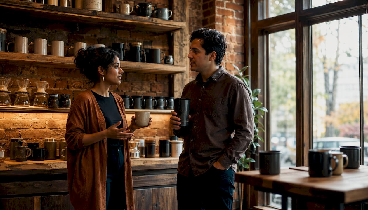 Colleagues comparing mugs in office break room