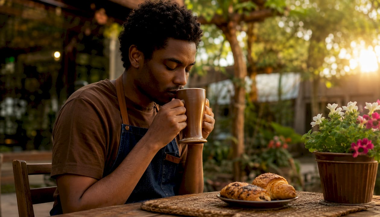 Barista smelling coffee aroma in shallow mug