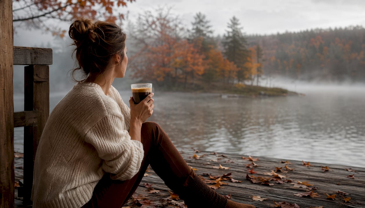 Hands holding cold brew coffee outdoors in autumn