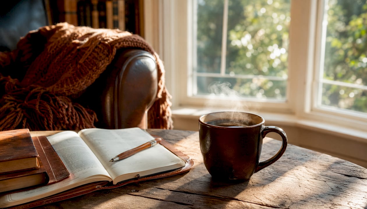 Classic ceramic coffee mug on rustic table