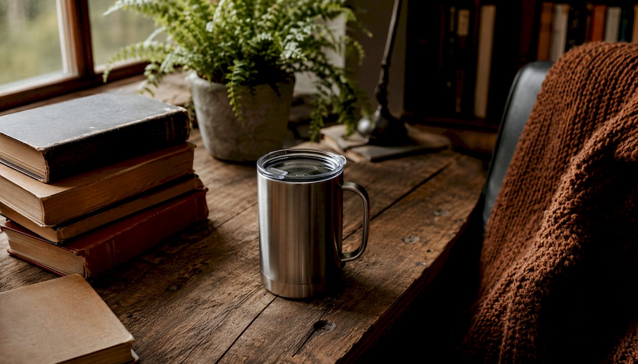 Insulated stainless steel coffee mug on desk