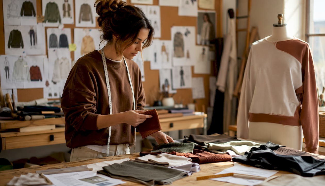 Designer examining sweatshirt ribbing fabric samples