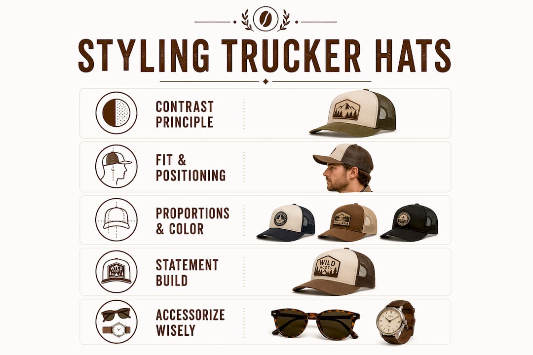 Infographic illustrating key trucker hat styling tips