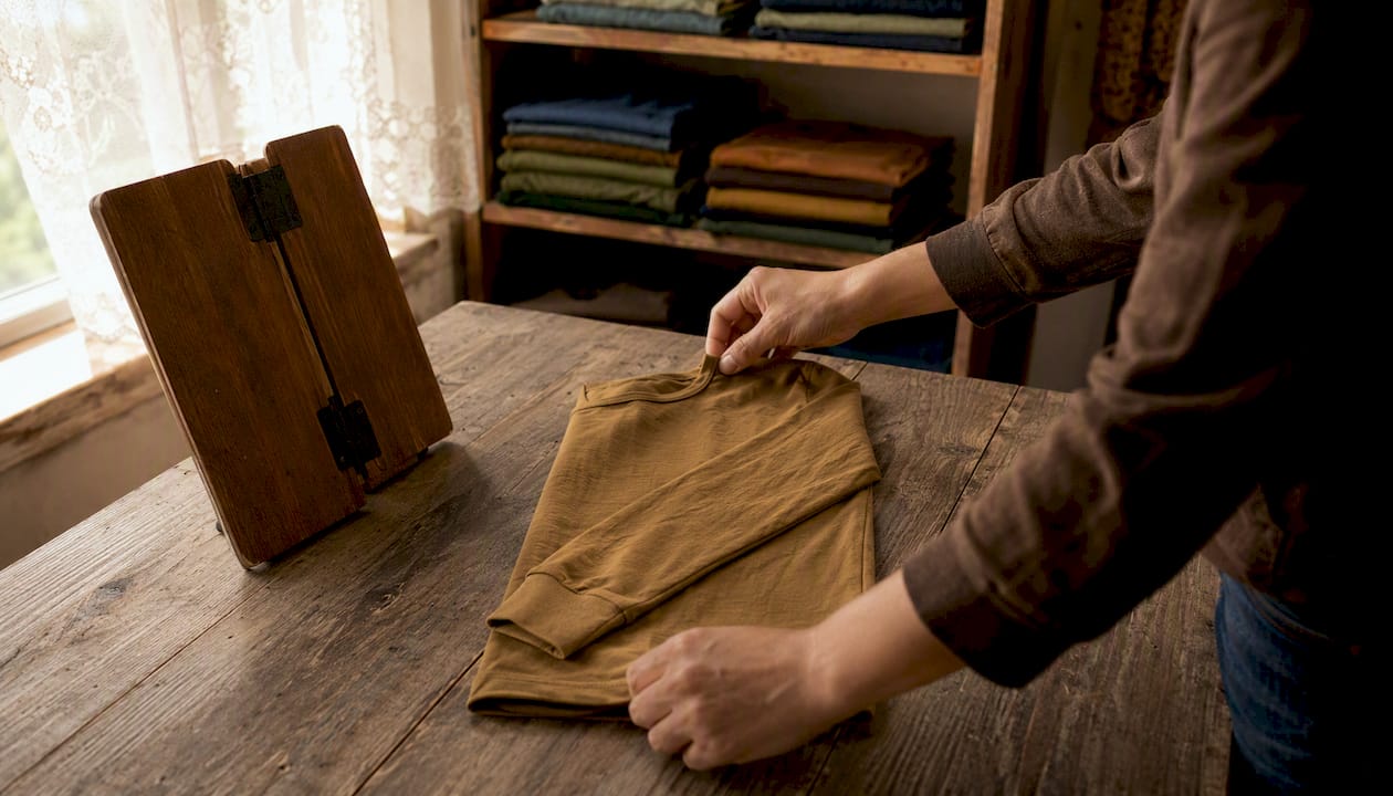 Hands folding long sleeve tee shirt
