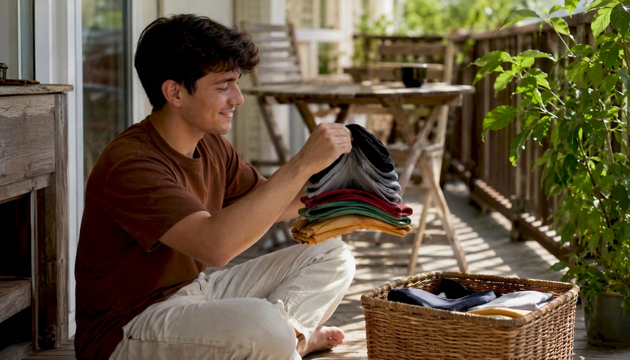Young man pinch folding tee shirts on floor