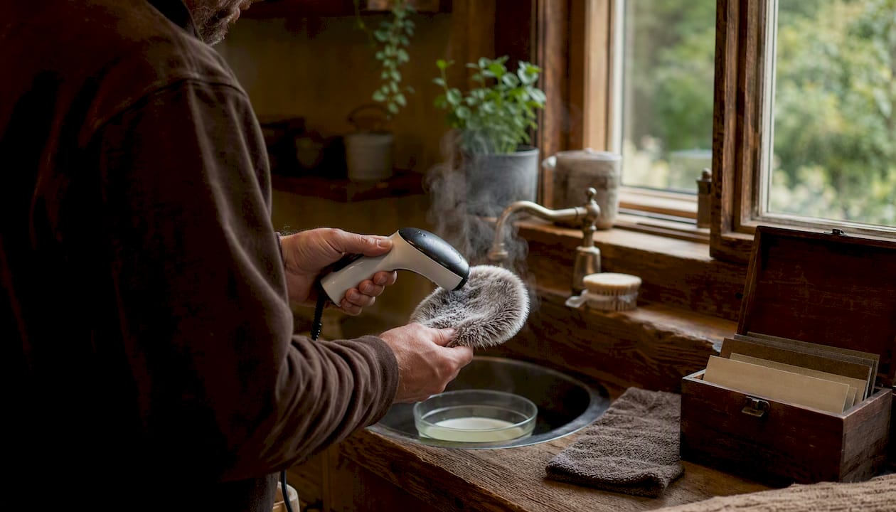 Person steaming pom pom in laundry nook