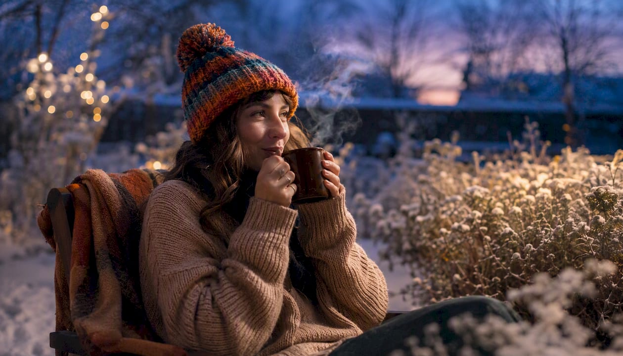 Woman wearing colorful pom pom beanie outdoors