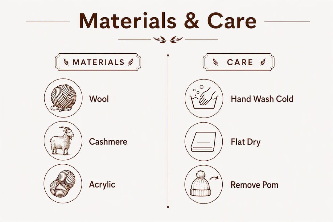 Infographic comparing pom pom beanie materials and care instructions