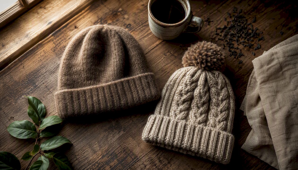 Flat lay of cuffed beanie and bobble hat