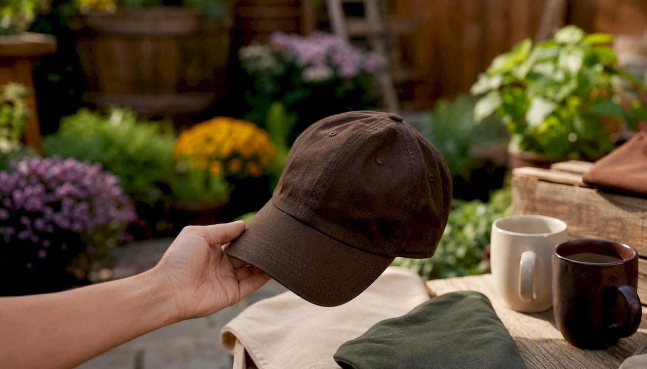 Hand holding dad hat with drooping crown