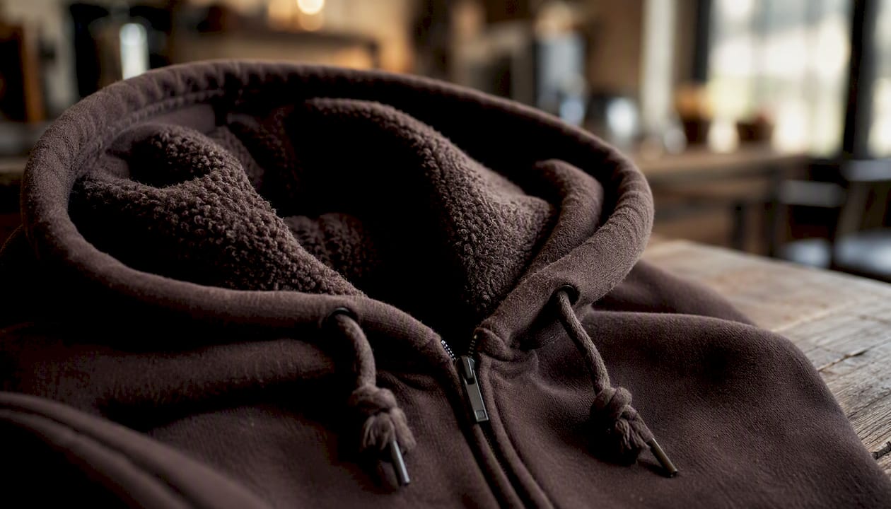 Close-up of zip-up hoodie hood and drawstring