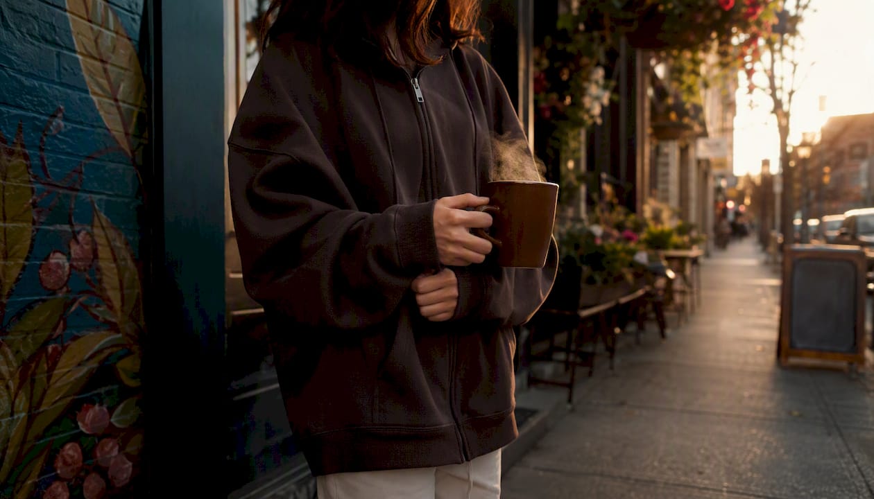 Person in oversized zip-up hoodie holding coffee mug outdoors