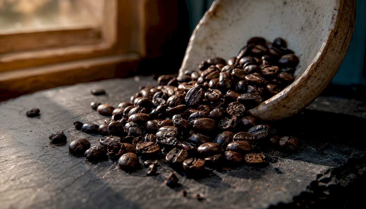 Close-up of oily dark roast coffee beans