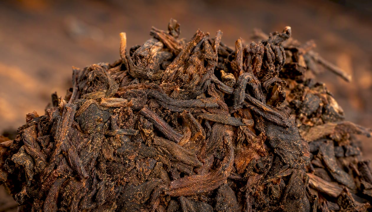 Close-up of aged Pu-erh tea leaves texture
