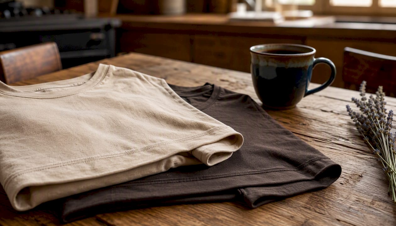 Folded layered tee shirts showing hem and sleeve contrast