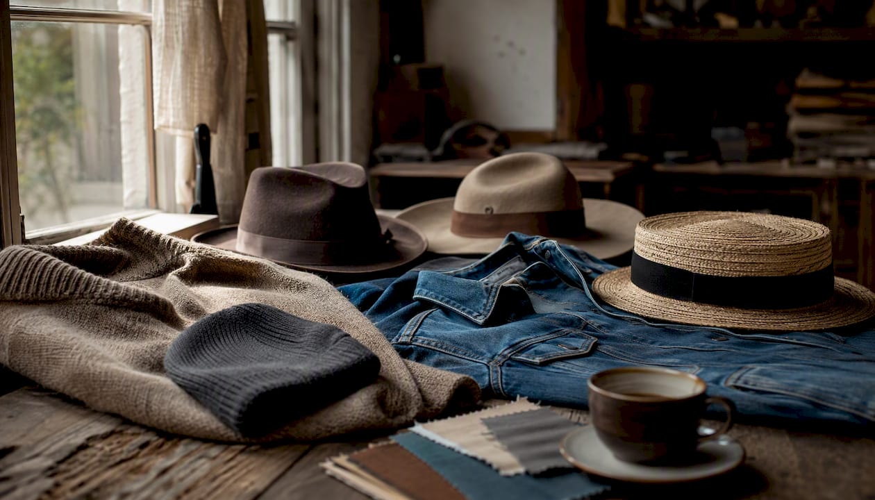 Varied hat silhouettes beside casual outfit pieces