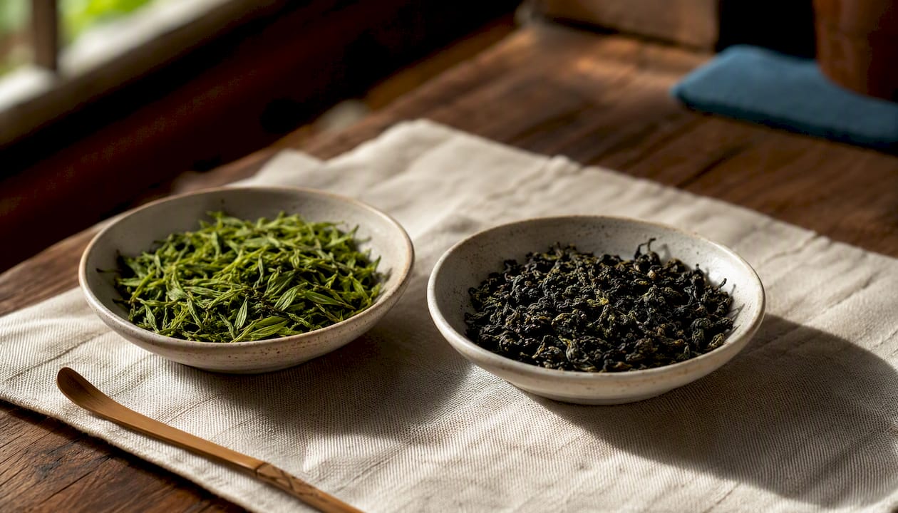 Side-by-side steamed and pan-fired green tea leaves