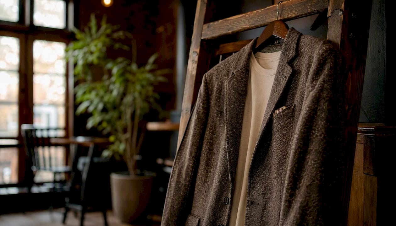 Graphic tee styled with blazer indoors