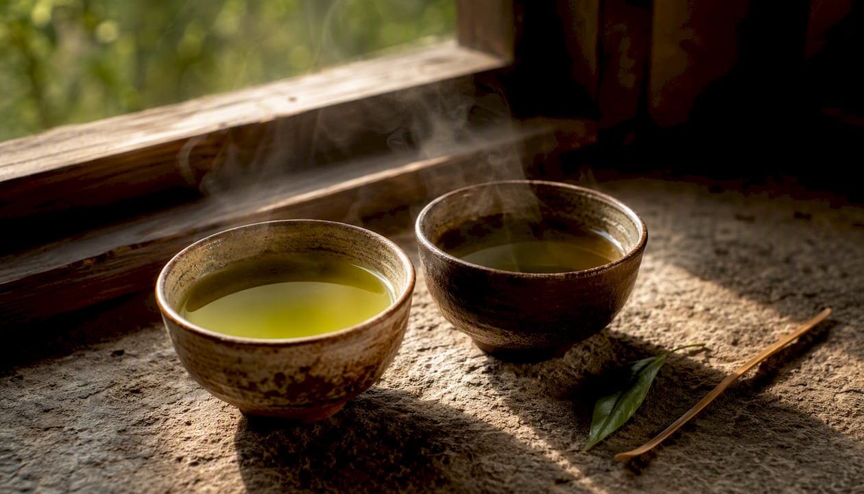 Side-by-side cups of steamed and pan-fired green tea