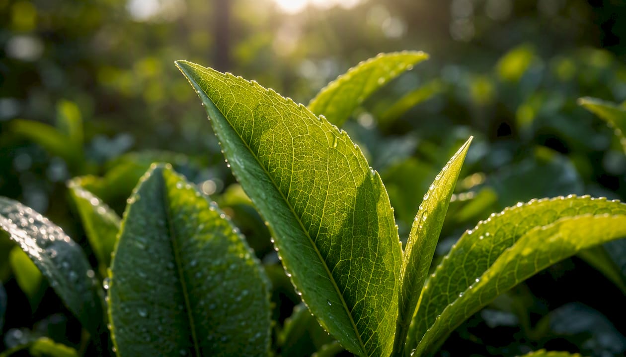 Macro view of fresh intact tea leaf cells