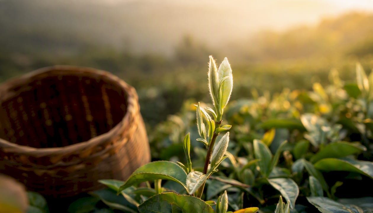 Fresh white tea buds on branch in Fujian garden