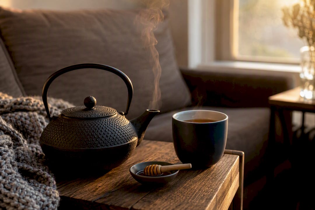 Cast-iron teapot steaming with ceramic mug nearby