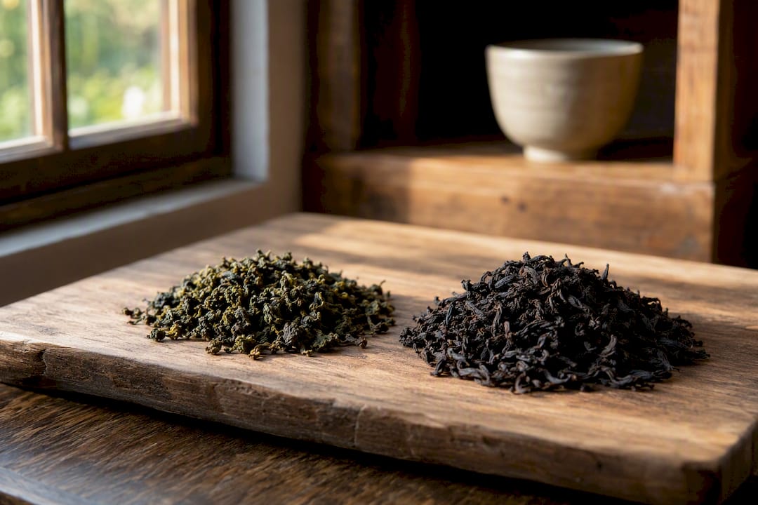 Light and heavily oxidized oolong tea leaves side by side