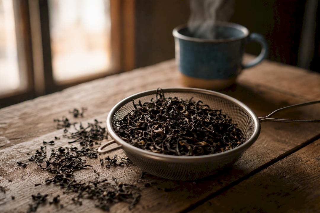 Large whole loose tea leaves in sieve