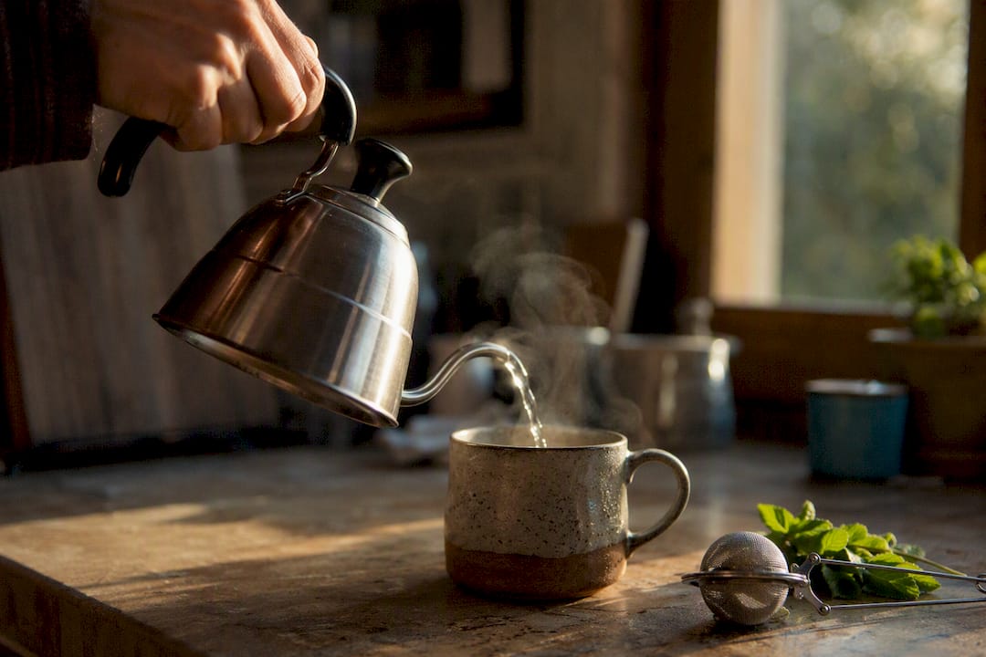 Pouring water into mug for testing glaze porosity