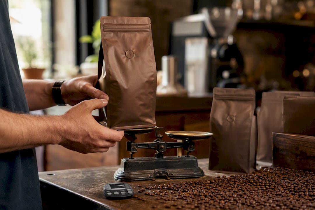 Hands weighing sealed coffee bags with valves