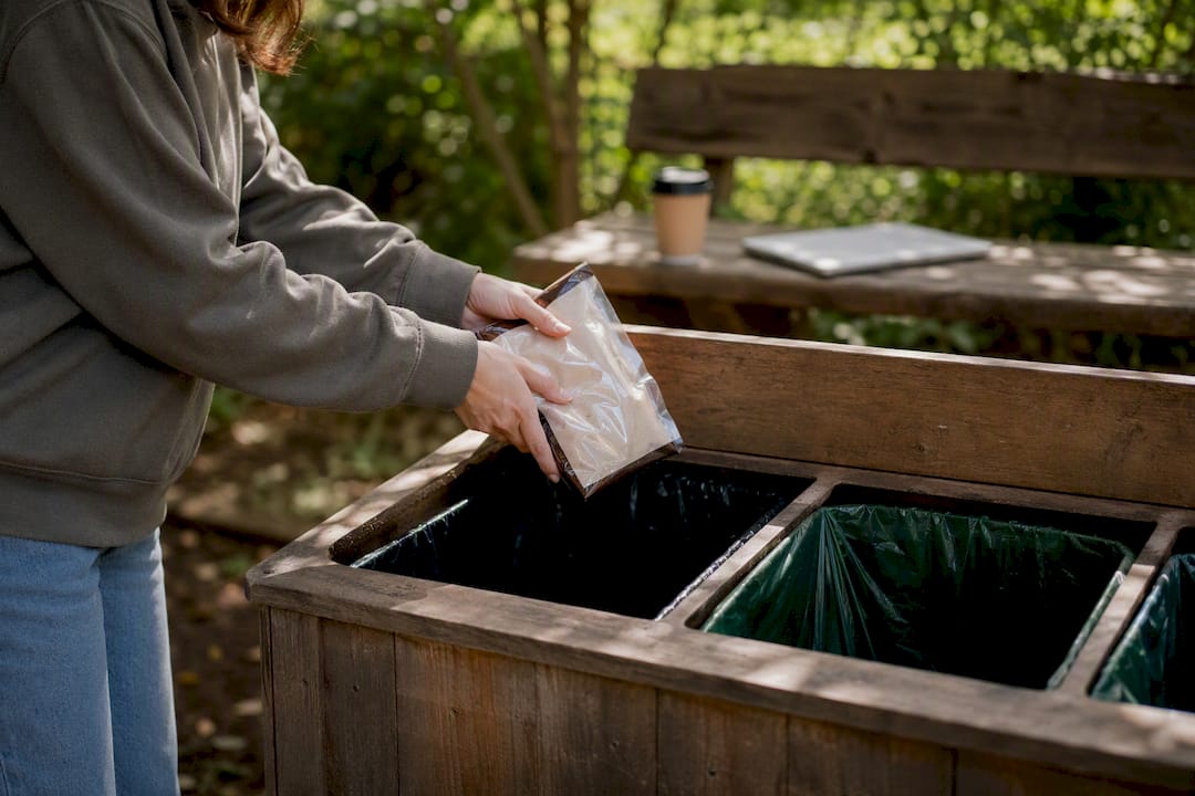 Hands placing recyclable coffee bag in drop-off bin