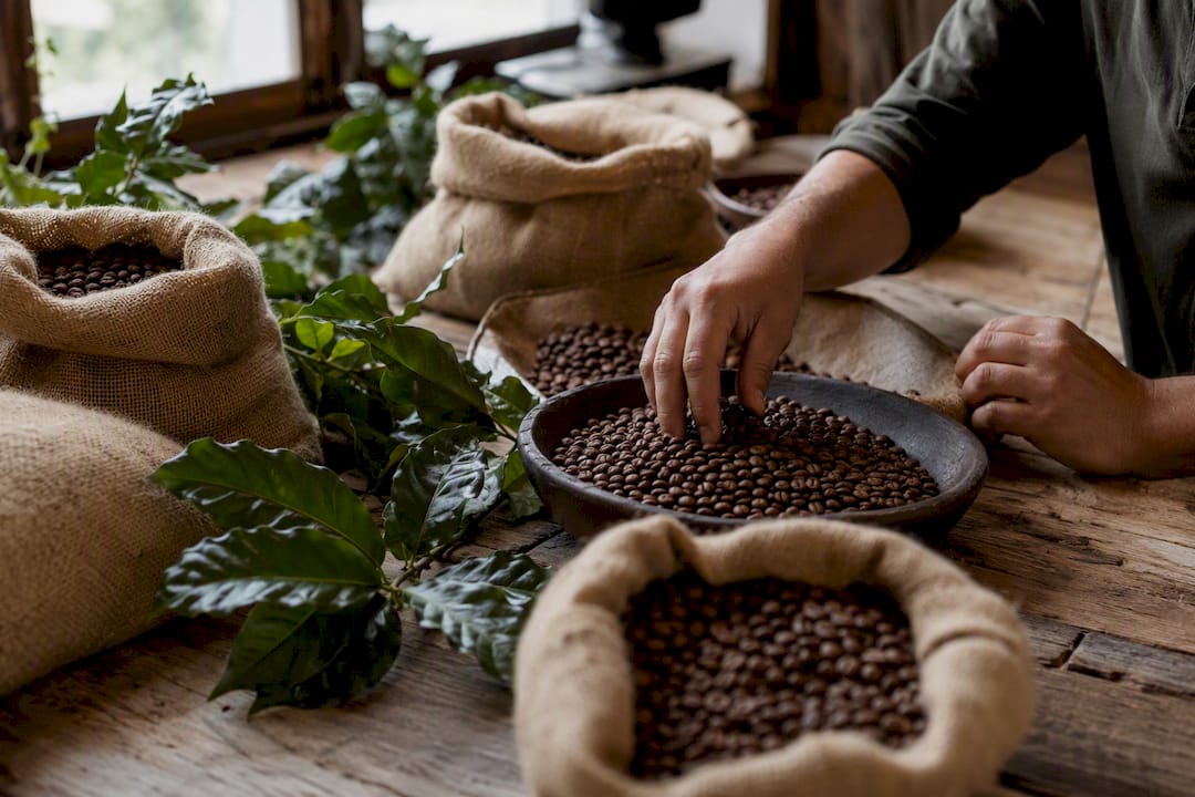 Coffee sourcing materials on table with hand pointing