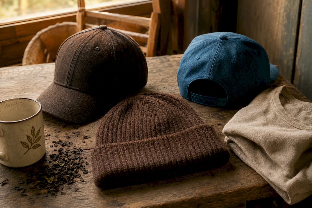 Different hat styles laid out on rustic table