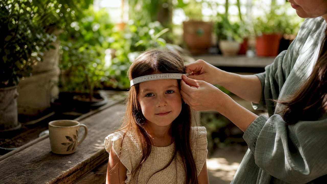 Child's head being measured for hat size