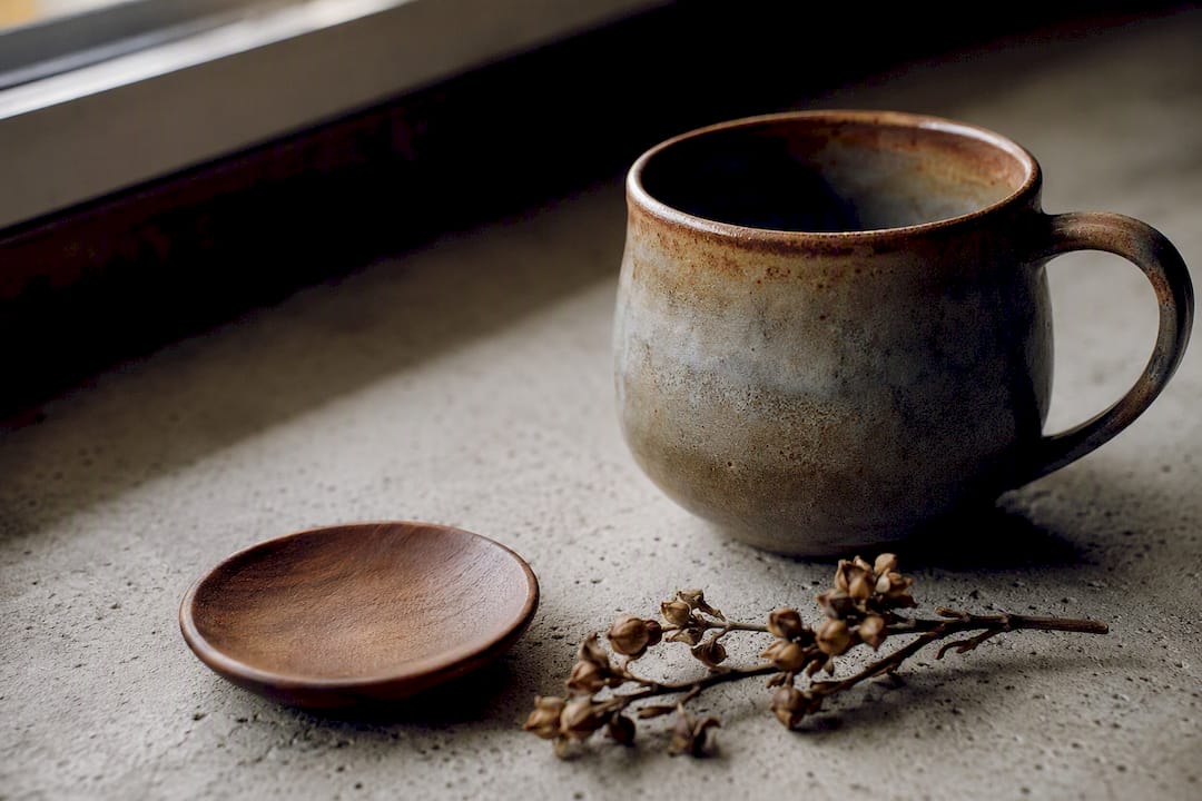 Close-up of ceramic mug rim and glaze
