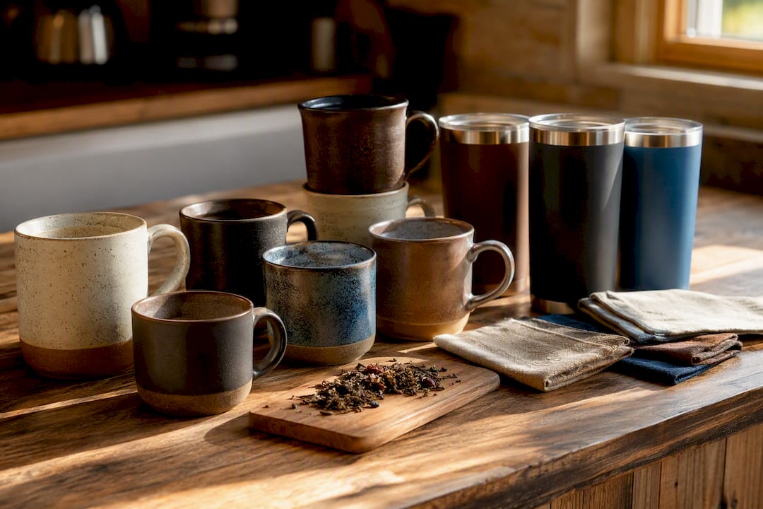 Varied ceramic mugs arranged on rustic table