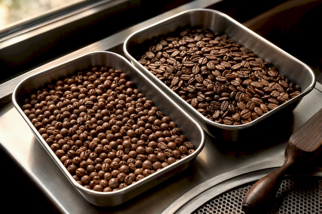 Separate trays of peaberry and flat beans
