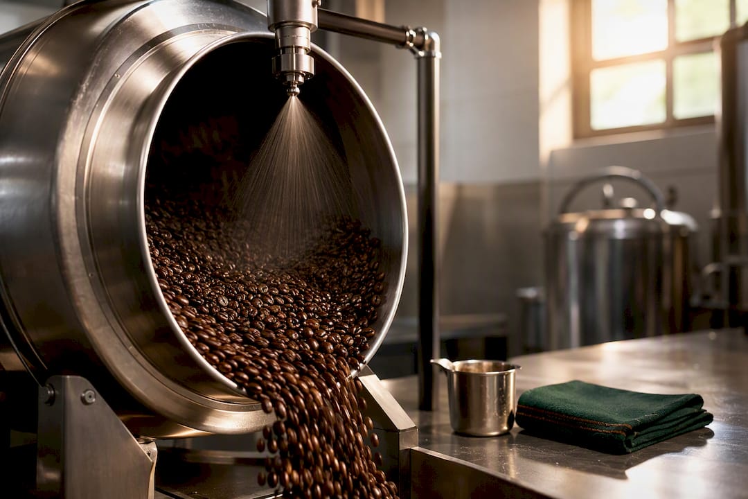 Flavor oil sprayed onto coffee beans