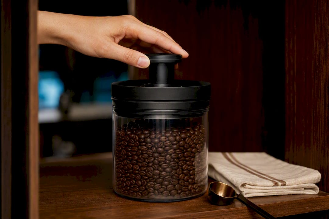 Hand sealing coffee beans in vacuum canister